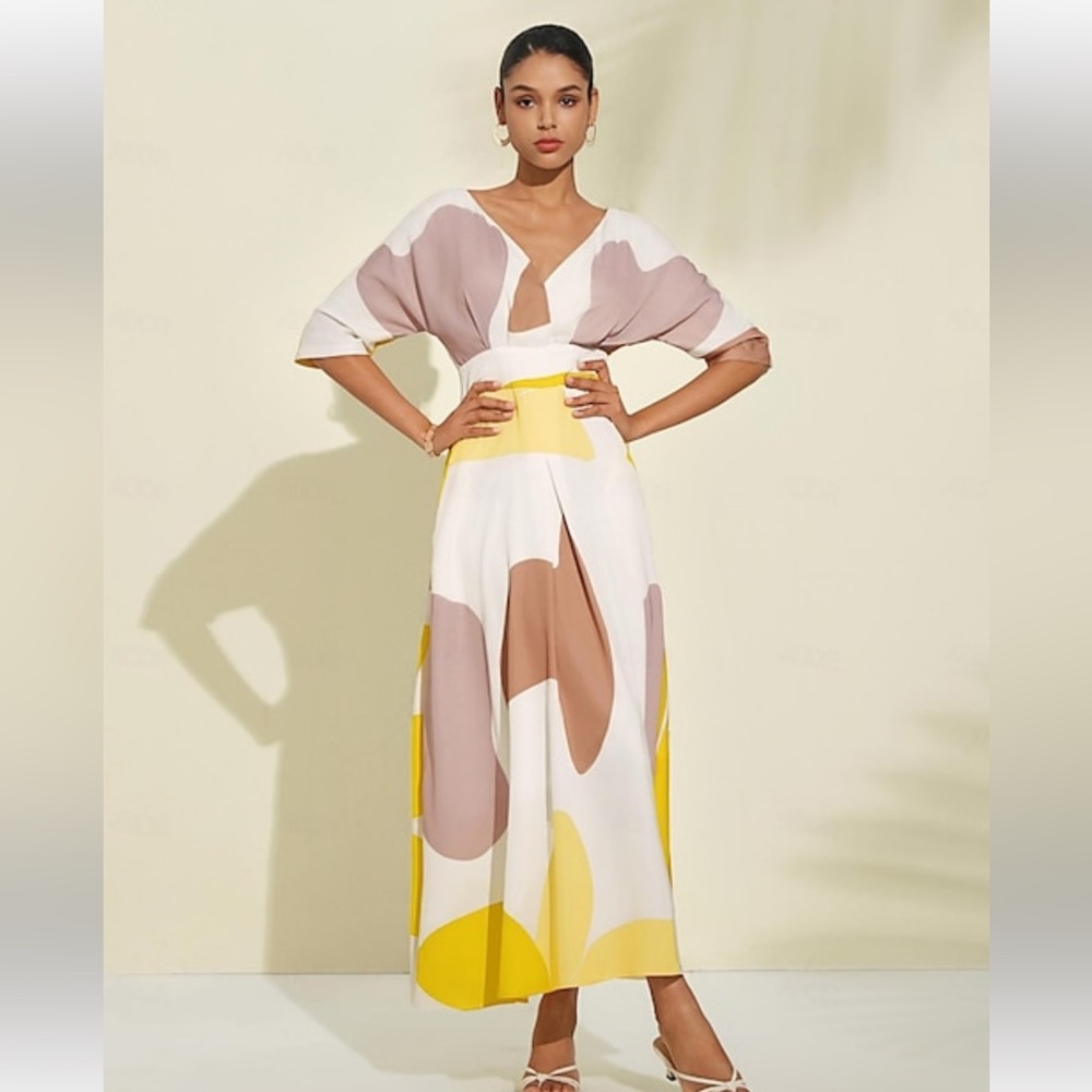 V-Neck Abstract Maxi Dress in Yellow and Taupe